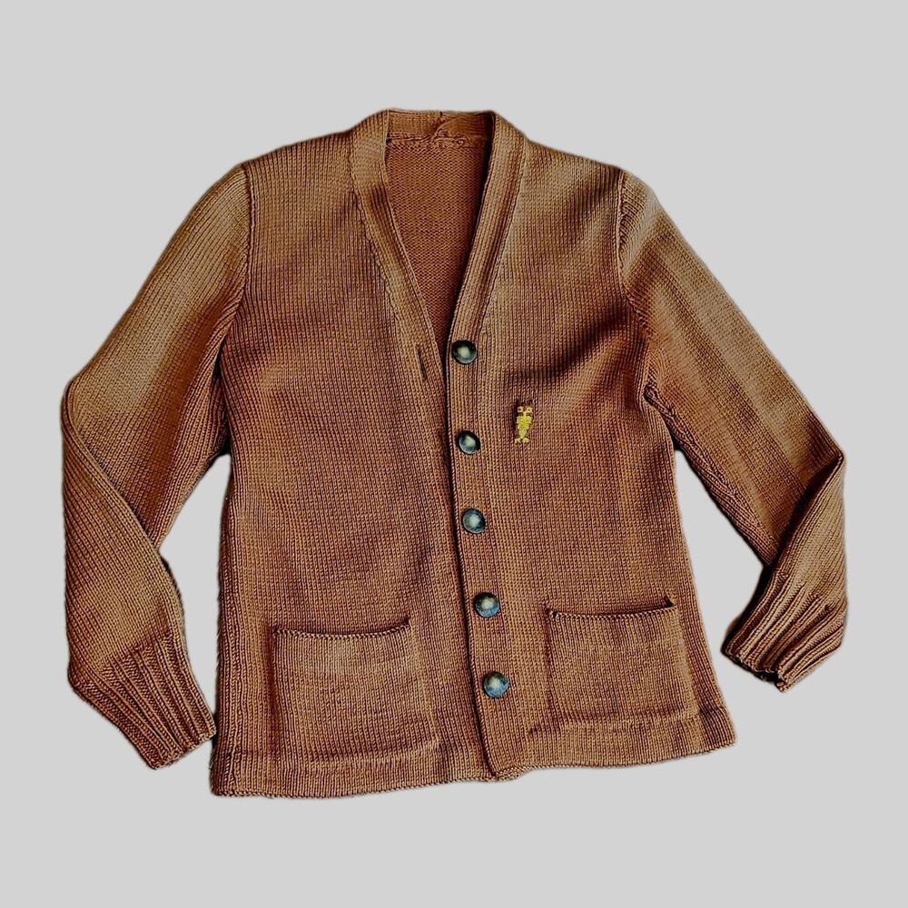 Vintage Women's Burnt Orange Knit Owl V-Neck Button-Front Cardigan Sweater XS/ S